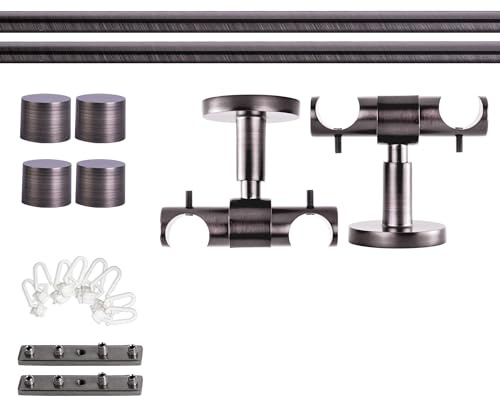 Victoria M. Gardinenstange Set mit Kappenknäufen mit Deckenhalter und Flachring und Innenlauf Ø 19 mm Länge 200cm, 2-Läufig, Anthrazit gebürstet