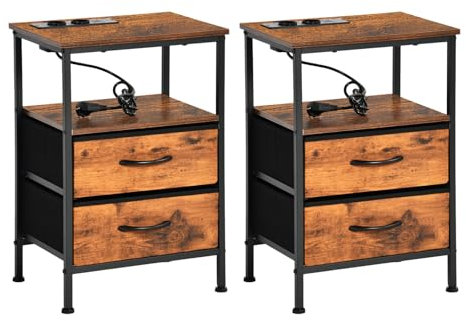 EGGREE Lot de 2 Tables de Chevet avec Station de Charge USB et Tiroirs en Tissu, Étagère.avec Ports USB et Prises de Courant, pour Chambre, Hôtel, Appartement, Petits Espaces. Marron Vintage
