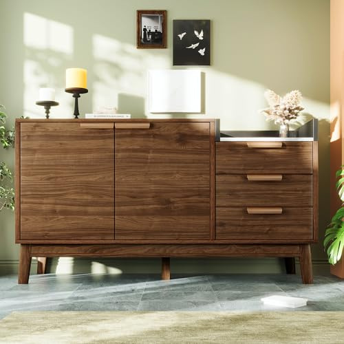 Merax Buffet en bois avec 2 portes, 3 tiroirs et plans de travail aspect marbre - Buffet de cuisine rustique avec étagère réglable - Pour chambre à coucher, salon - Noyer - 120 x 40 x 77 cm
