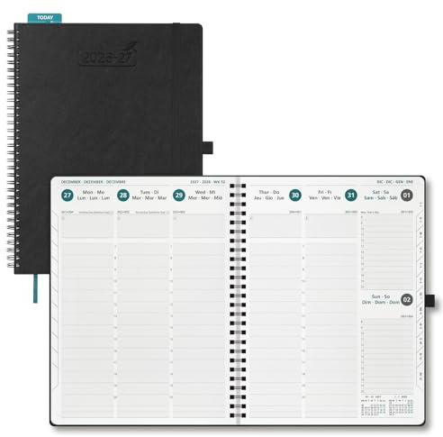 BEZEND Kalender 2026 2027 Buchkalender 1 Woche 2 Seiten A4 (28,5 x 22 cm) | 18-Monate Wochenplaner (Juli 26-Dez 27), Ringbuch mit PU-Leder Softcover, 80 GSM Papier, Schwarz