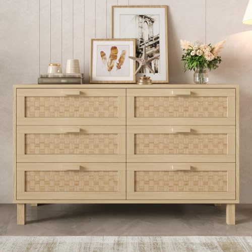 dowowdo Rattan Kommode mit 6 Schubladen - Sideboard in Holzoptik mit Rattan-Fronten, Aufbewahrungsschrank für Schlafzimmer Wohnzimmer, 120x40x75 cm
