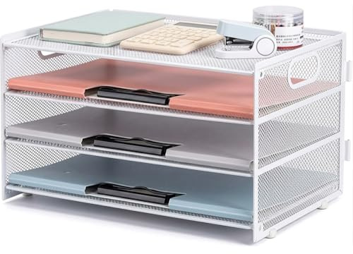 Mailain Dokumentenablage A4 aus Metall, Stapelbare Ablagefächer mit 4 Fächern für Büro & Home Office, Besonders Stabil & Einfach zu Montieren, Weiß