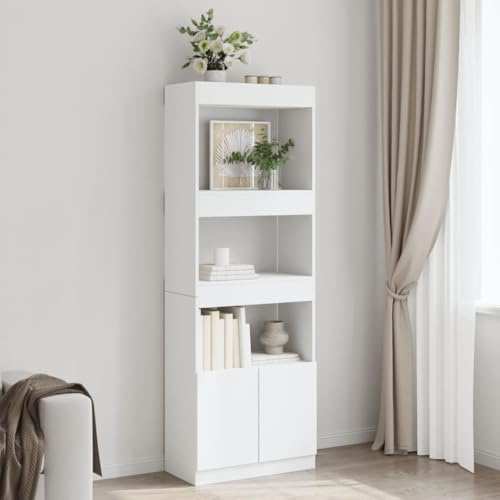 Tonture Weißes Highboard, 63x33x180 cm, aus robustem Holzwerkstoff, mit Türen, viel Stauraum, vielseitig als Bücherregal oder Standregal nutzbar