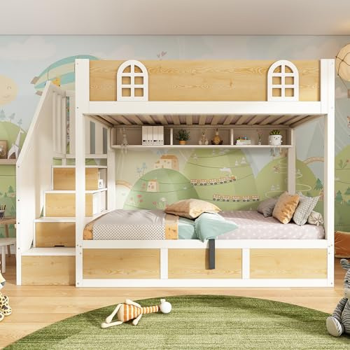Kinder Etagenbett 90x200 cm mit Treppenschrank und Stauraum, Doppelstockbett in Weiß und Natur mit Sicherheitsgeländer und Lattenrost, platzsparendes Bett für zwei Kinder, ohne Matratze (Weiß+Natu)