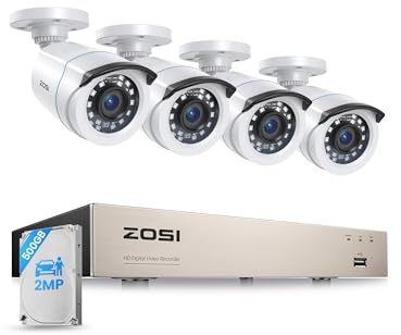 ZOSI 1080P Aussen Überwachungskamera Set 8CH 500GB DVR und 4 Außen Kameras | 1080P Verkabelt Video Sicherheitskameras, Personen- und Fahrzeugerkennung, 24m IR Nachtsicht