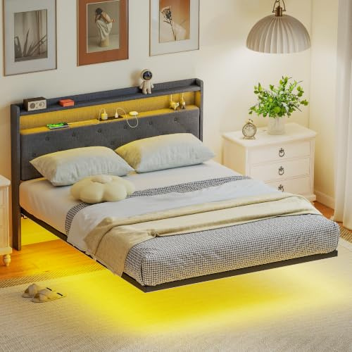 HOMCOM 4ft6 Double Bed Frame Floating Bed Frame with RGB LED Lights Grey | Music Sync, Charging Station, Upholstered Headboard, Storage Shelves, No Box Spring Needed, Noise Free