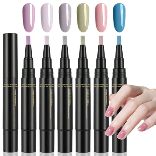 AYBUY 6PCS 3-in-1 Gel Nail Polish Pen Set, Quick-Dry Nail Art Pens, No Base Coat Needed, One Step Application, Nails Varnish Pens, DIY & Salon Manicure Kit for Girls and Ladies（B）
