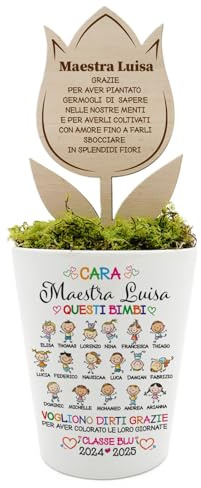 Regalo Maestra Fine Anno Personalizzato con Nomi Bambini – Vasetto Decorativo con Fiore in Legno Inciso – Idea Regalo Insegnante Originale Classe