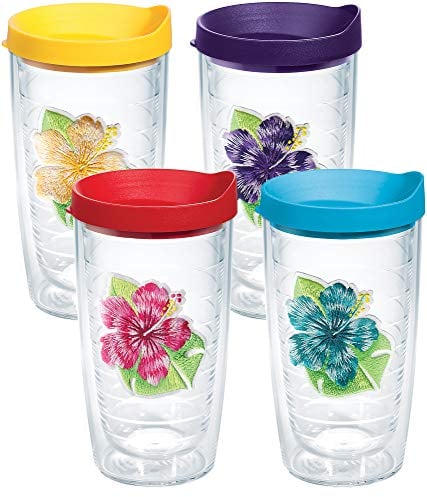 Tervis Island Hibiscus Insulated Tumbler with Emblem and Assorted Lid 4 Pack - Boxed, 16oz, Clear