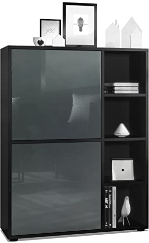 Vladon Highboard Schrank Anrichte Cuba mit 8 Fächern, Made in Germany, Korpus in Schwarz matt/Fronten in Grau Hochglanz