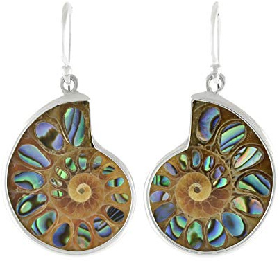 Starborn Ammonit mit Abalone Intarsie Einlagearbeit als handgeschmiedete Ohrringe in 925 Sterling Silber