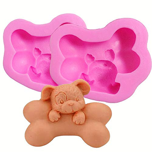 HengKe Lot de 2 moules à savon 3D en forme de chiot avec gros os - Moules à savon de qualité alimentaire - Pour glaçage au chocolat, biscuits, pâte polymère - Moules à gâteau en forme de chien