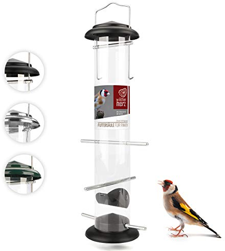 wildtier herz I 38cm Futtersäule Nigersamen für Stieglitz & Zeisig – aus rostfreiem Metall, Vogelfutterspender, Vogel Futterstation, Wildvögel Futtersilo, Schwarz