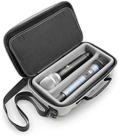 Two Wireless Microphone Case Compatible with Wireless Mic System Handheld Microphones Sennhesier, Shure and More, Dual Mic Bag with Shoulder Strap and Hard Shell Gray Exterior