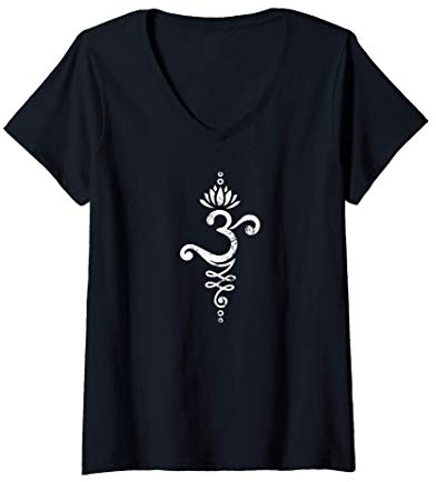Damen Om Mantra Yoga Symbol mit Lotus Blüte und Unalome Ornament T-Shirt mit V-Ausschnitt