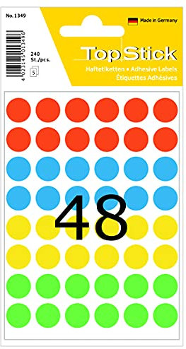 TopStick 1349 Punktaufkleber Klebepunkte bunt, 240 Stück, Ø 13 mm, 48 pro Bogen, selbstklebend, Markierungspunkte für Kalender Planer Basteln, matt, blanko Papier Farbpunkte Aufkleber