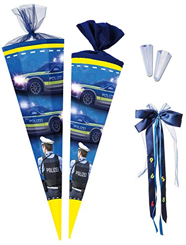 Nestler Schultüten-Set zum Befüllen, Handgemachte Zuckertüte aus Karton - Motiv Polizei 2019 inkl. Spitzenschutz, Schleife (85 cm 6-eckig)