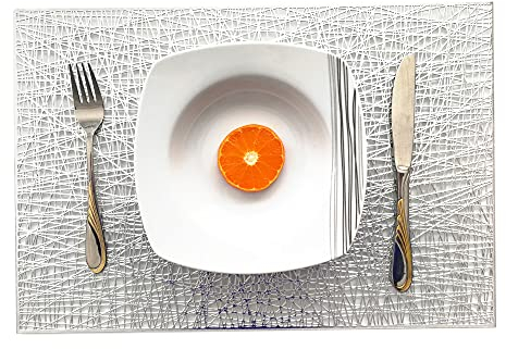 ELFSELF® 6er Set Tischsets, rechteckig, rutschfest, schmutzabweisend, abwaschbar. Platzsets für Essentisch, Küche, Restaurant. Platzdeckchen Weihnachten Hochzeit (Silber)