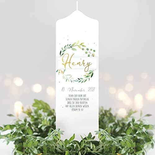 Wandtattoo Loft Taufkerze Junge Mädchen Baum Blätterkranz grün pastell bedruckt mit Namen, Datum und auf Wunsch eigenem, vorgegebenem oder keinem Taufspruch, Taufkerze 25 x 7 cm