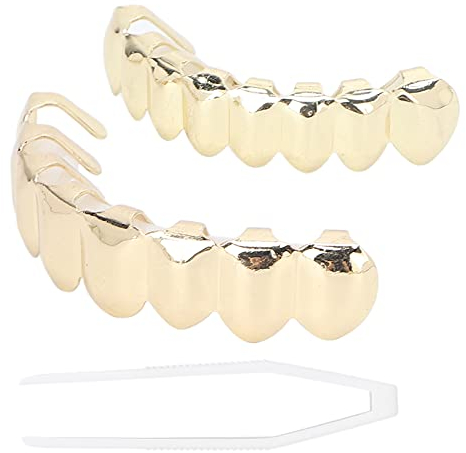 18 Karat vergoldete Hip-Hop-Zähne, 8 obere Zähne 8 untere Zähne Hip-Hop-Mundgrills, abnehmbare Zähne, Schmuck, falsche Zähne für Frauen, Männer, Geschenk, Halloween-Party