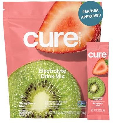 Cure Hydration | Plant-Based Electrolyte Drink Mix | No Added Sugar | FSA-HSA | Dehydration Relief Powder Made with Coconut Water | Non-GMO | Vegan | Pouch of 14 Packets - Strawberry Kiwi