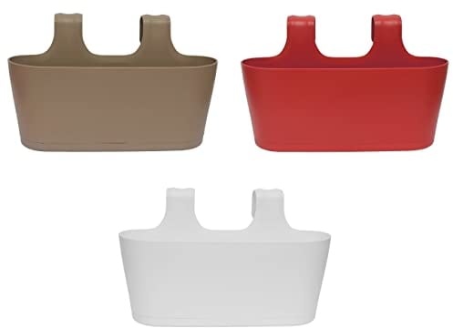 ENGELLAND 3 x Blumenkasten zum Auf-Hängen, Farbmix: Braun, Rot, Weiß, Blumentopf, oval, Balkon, Übertopf, Pflanzkasten, mit Wasserspeicher/Wasserauffangschale