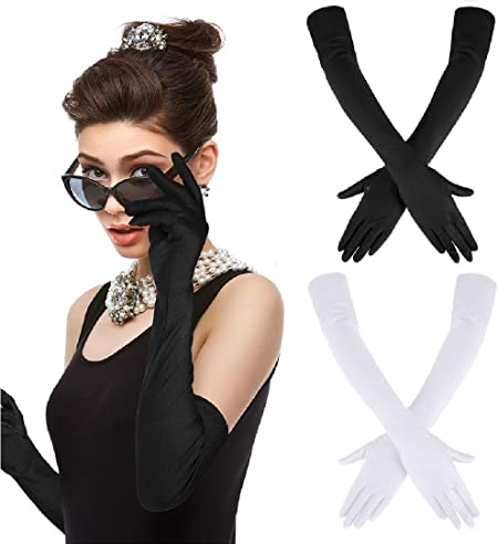 CUHZA 1920er Stil Lange Abendhandschuhe, Damen Satin Ellenbogen Handschuhe, Braut Tanz Verkleidung Sexy Frauen Hochzeit Abschlussball Oper, Schwarz Weiß