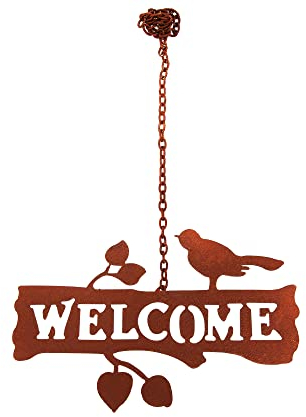 Aufhänger Rost Schild Welcome mit Vogel und Blättern