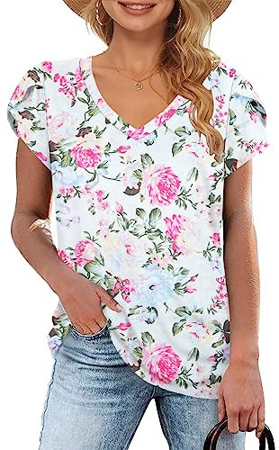 WNEEDU T-Shirts Femmes D'été Hauts Basic Col V Manches Courtes de Pétales Tee Shirt Décontractés Top Rose L