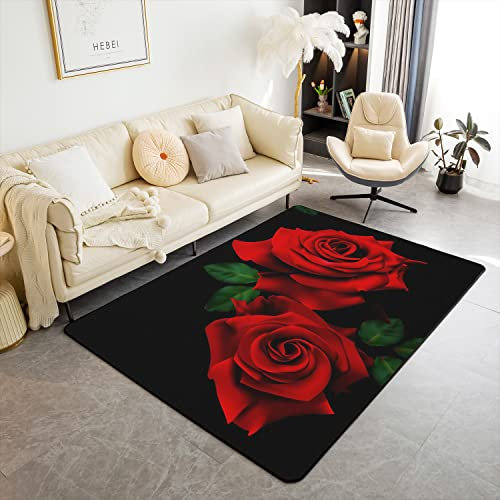 Homemissing Rose Tapis de Salon 150x200cm Salon Rose Fleur Tapis Chambre Jardin Fleur Romantique Rouge Noir Vert décoratif Tapis Moderne Tapis Exterieur Antidérapant Doux