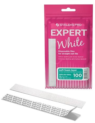 STALEKS PRO Lot de 30 limes à ongles droites avec base en mousse souple adhésives jetables blanches Expert 20 (grain 100)