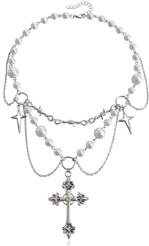 Clataly Crystal Cross Pearl Halskette Gothic Choker Kruzifix Anhänger Halskette Silber Perlen Schmuck für Frauen und Mädchen