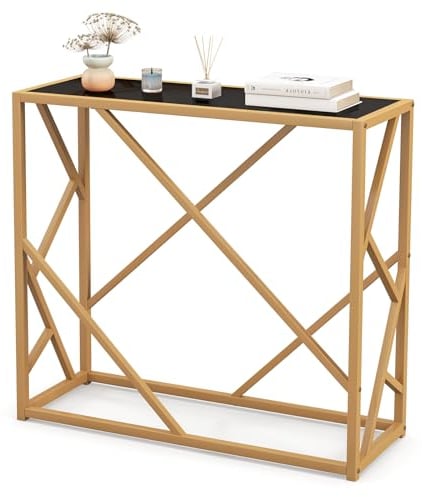COSTWAY Console pour Entrée avec Plateau en Verre Trempé 80 CM, Table Console Cadre en Métal Doré, Design Géométrique, Console Meuble Moderne pour Salon, Couloir, Entrée, 80 x 30 x 75 cm