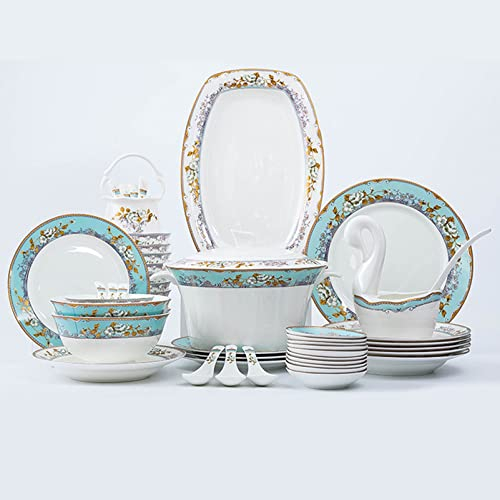 Juego de vajilla, 60 piezas de platos de porcelana de hueso para 10, juego de vajilla de servicio completo, vajilla elegante, apto para horno y lavavajillas