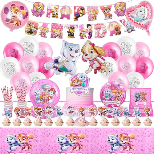 Paw Dog 109PCS Kids' Party Tableware Set - Pink Birthday Supplies with Banner, Cake Topper, Balloons, Plates, Napkins, Cups, Straws and Tablecloths