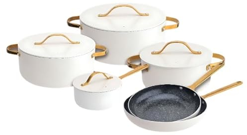 METTMANN PROFESSIONNEL Batterie de cuisine 10 pièces blanc et dorée, Batterie de cuisine induction, Revêtement antiadhésif, Set de Casseroles, Poêle Induction, Casserole Induction, Faitout induction