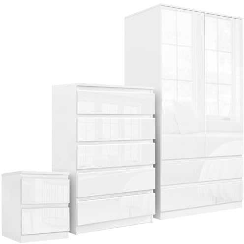 High Gloss Bedroom Wardrobe sets with 2 Door Wardrobe 5 Drawer Chest of Drawers + 2 Drawer Bedside Table Cabinet Bedroom Set for 3 Piece Bedroom Storage furniture Set, White