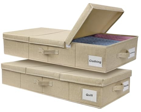 YTOPRO Under Bed Storage Box With Lid Large,2 Pack Underbed Storage Bags Foldable Under Bed Clothes Storage W/Handle Under Bed Drawers for Clothes Blankets (Beige)