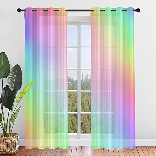 Hixingo Sheer Voile Gardinen Farbverlauf Vorhänge, 2er Set Vorhang mit Ösen, Mode Halbtransparent Scheibengardinen Wohnzimmer Küchen (80x115cm,Regenbogen)