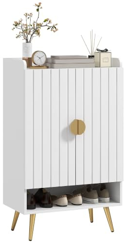 HOMCOM Modern Shoe Cabinet, 2 Doors, Open Shelf, Adjustable Shelves, White