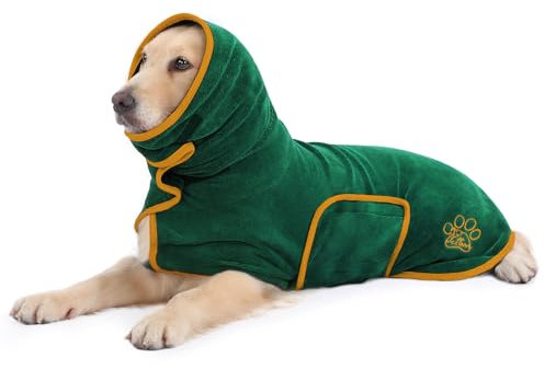PETTOM Hundebademantel, Bademantel Hund mit Hohem Kragen, Hundebademantel für Große Mittelgroße und Kleine Hunde, Hunde Bademantel Mikrofaser mit Klettverschluss (Grün, M)