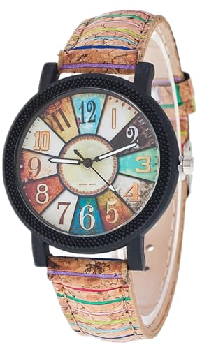 JOATVEE Damen Retro Style Farbige Streifen Armbanduhr Holz Kork Muster PU Lederband Analog Quarz Uhr