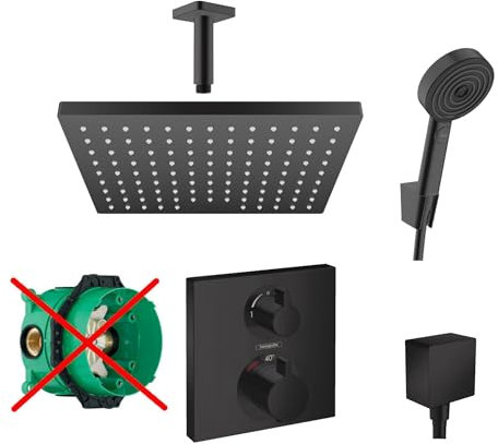 Hansgrohe Duschsystem mit Unterputz Duscharmatur von Hansgrohe Regendusche mit Armatur, Duschkopf eckig, Deckenarm Dusch-SET HGSK04-ob schwarz matt