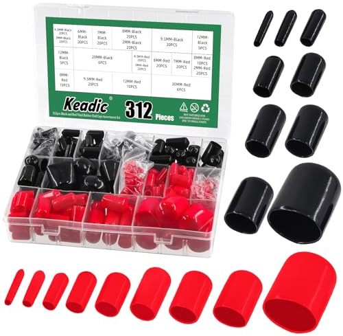 Keadic 312 Stück 9 Verschiedene Größen Vinyl Gummi Endkappen Sortiment Kits, Flexible End Caps Rubber Bolt Covers Caps, schwarz und rot Flexible Schrauben Abdeckungen Kappen