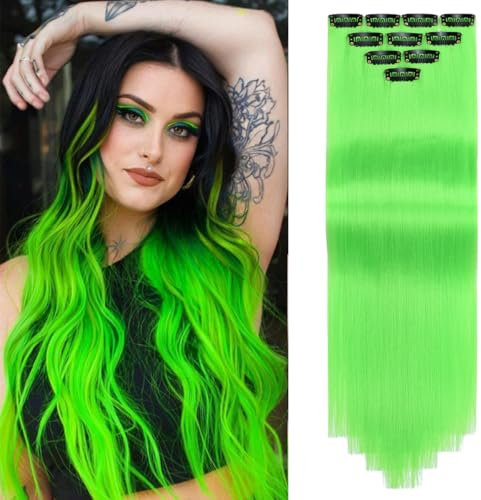PARXITN 10 Stück Clip in Farbige Haarverlängerungen 22 Zoll Bunte Gerade Haarsträhnen Zum Einklipsen Für Party Cosplay Festival Karneval Halloween Weihnachten Grün