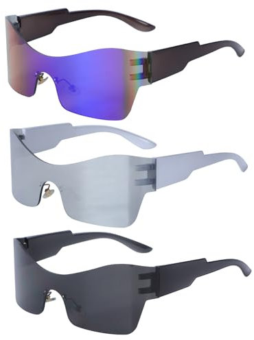 Risipu 3er Pack Rave Brille Schnelle Brille Futuristische Sonnenbrille Alien Brille Rahmenlos Space Sonnenbrille Zyklop Funbrille Set für Herren Damen Rollenspiel Cosplay Faschingsparty