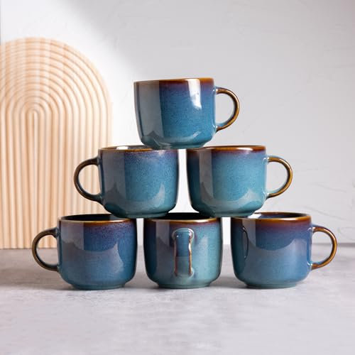 Tazza da caffè da 6 pezzi, in ceramica, per 6 set, multifunzione, lavabile in lavastoviglie, adatta al microonde, caffè, 360 ml, blu