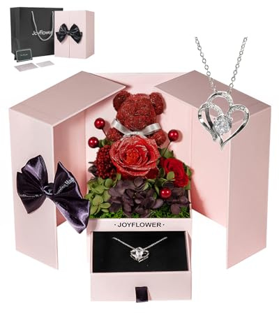 JoyFlower Orso di rose eterno, con fiori conservati, regalo per donne, mamma, eterno, regalo di compleanno, rose conservate, festa della mamma, Natale, San Valentino, per moglie e fidanzata (rosso)