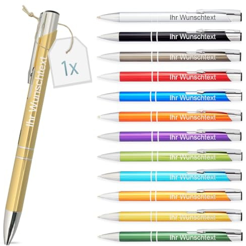 Gravurtastisch Kugelschreiber mit Gravur | personalisierter Stift mit Wunschtext | blaue Mine | Werbegeschenk & Werbeartikel | personalisierte Kulis für Hochzeit, Büro & Schule (Gold, 1 Stück)