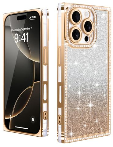 Urarssa for iPhone 16 Pro Max Case Glitter, Cute Rectangle Sparkle with Bling Diamonds Clear Phone Case for Women Gilrs, Slim Plating Bumper Camera Lens Protection Silicone Shockproof Cover, Gold